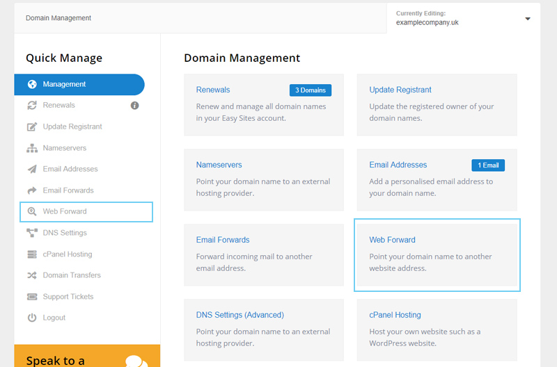 How to add a Web Forward in Easy Sites Easy Domains